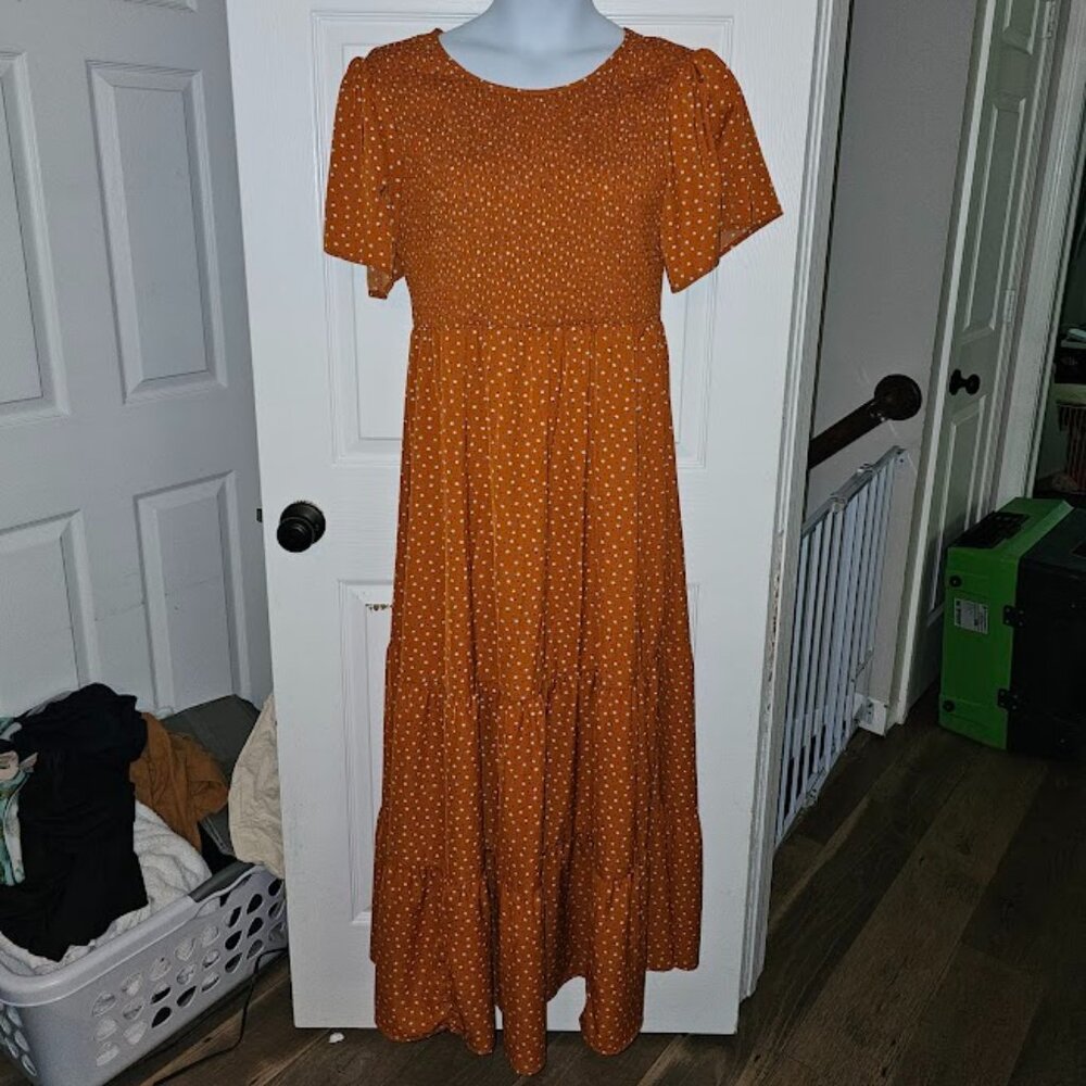 DAMAGED Kranda Smocked Orange Ditsy Floral Maxi Dress XXL